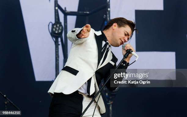 Per Almqvist of The Hives performs at the Queens of the Stone Age and Friends show at Finsbury Park on June 30, 2018 in London, England.