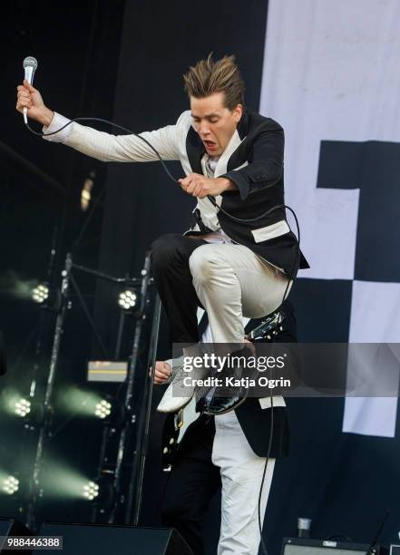 Per Almqvist of The Hives performs at the Queens of the Stone Age and Friends show at Finsbury Park on June 30, 2018 in London, England.