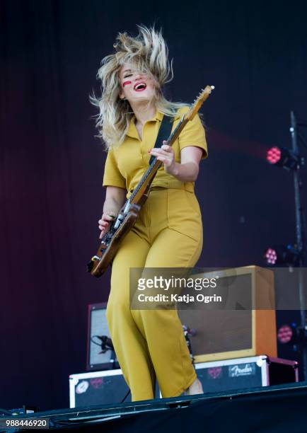 Lindsey Troy of Deap Vally performs at the Queens of the Stone Age and Friends show at Finsbury Park on June 30, 2018 in London, England.