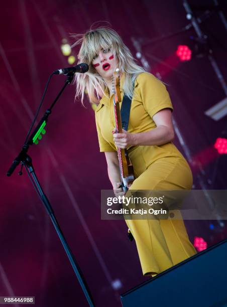 Lindsey Troy of Deap Vally performs at the Queens of the Stone Age and Friends show at Finsbury Park on June 30, 2018 in London, England.