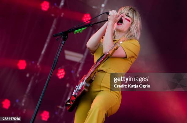 Lindsey Troy of Deap Vally performs at the Queens of the Stone Age and Friends show at Finsbury Park on June 30, 2018 in London, England.