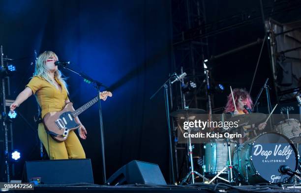Lindsey Troy and Julie Edwards of Deap Vally perform at the Queens of the Stone Age and Friends show at Finsbury Park on June 30, 2018 in London,...