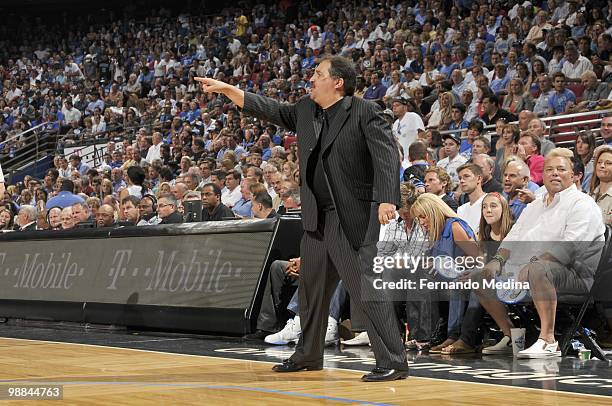 Head coach Stan Van Gundy of the Orlando Magic yells on court against Charlotte Bobcats in Game Two of the Eastern Conference Quarterfinals during...