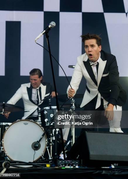 Per Almqvist of The Hives performs at the Queens of the Stone Age and Friends show at Finsbury Park on June 30, 2018 in London, England.