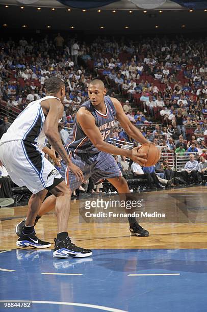 Boris Diaw of the Charlotte Bobcats looks to move the ball against the Orlando Magic in Game Two of the Eastern Conference Quarterfinals during the...