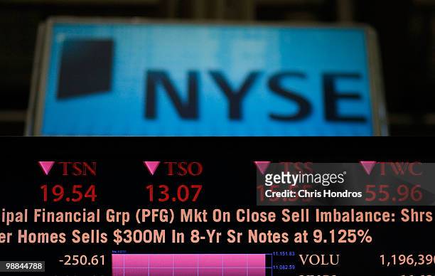 Screen showing stock prices shows them broadly lower on the floor of the New York Stock Exchange near the end of the trading day May 4, 2010 in New...