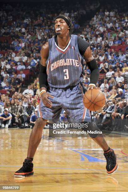 Gerald Wallace of the Charlotte Bobcats drives the ball against the Orlando Magic in Game Two of the Eastern Conference Quarterfinals during the 2010...