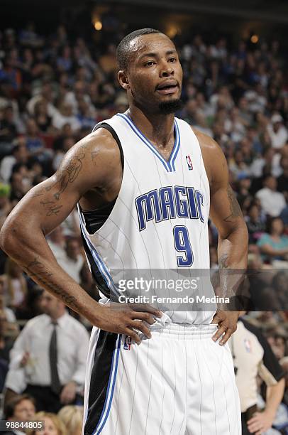 Rashard Lewis of the Orlando Magic looks on the court against Charlotte Bobcats in Game Two of the Eastern Conference Quarterfinals during the 2010...
