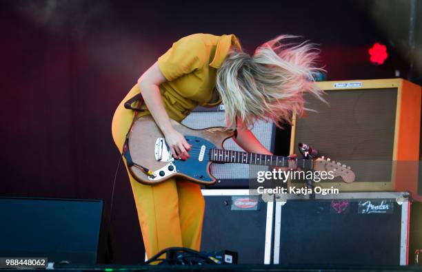 Lindsey Troy of Deap Vally performs at the Queens of the Stone Age and Friends show at Finsbury Park on June 30, 2018 in London, England.