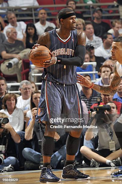 Stephen Jackson the Charlotte Bobcats looks to move the ball against the Orlando Magic in Game Two of the Eastern Conference Quarterfinals during the...