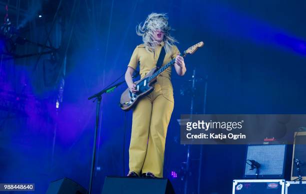 Lindsey Troy of Deap Vally performs at the Queens of the Stone Age and Friends show at Finsbury Park on June 30, 2018 in London, England.