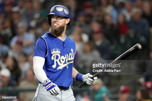 Alex Gordon of the Kansas City Royals reacts after striking out in the sixth inning against the Seattle Mariners during their game at Safeco Field on...