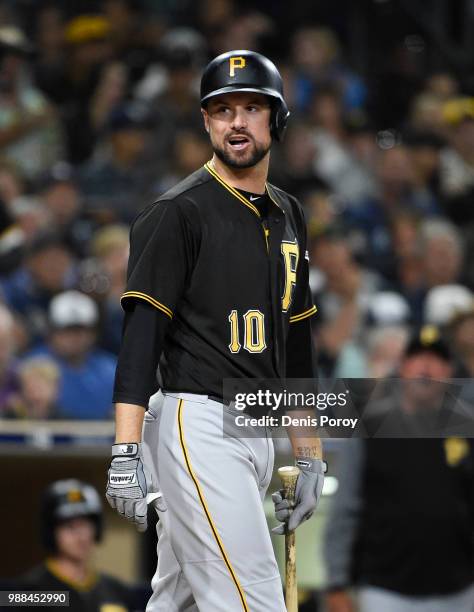 Jordy Mercer of the Pittsburgh Pirates reacts to a called strike out during the seventh inning of a baseball game against the San Diego Padres at...