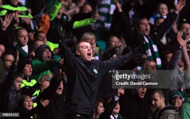 Neil Lennon, the manager of Celtic, reacts on the touchline during Celtic's victory in the Clydesdale Bank Scottish Premier League match between...