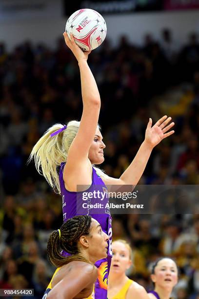 Gretel Tippett of the Firebirds in action during the round nine Super Netball match between the Lightning and the Firebirds at University of the...