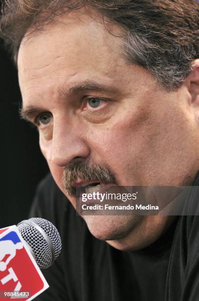 Head coach Stan Van Gundy of the Orlando Magic talks to the media against Charlotte Bobcats in Game Two of the Eastern Conference Quarterfinals...