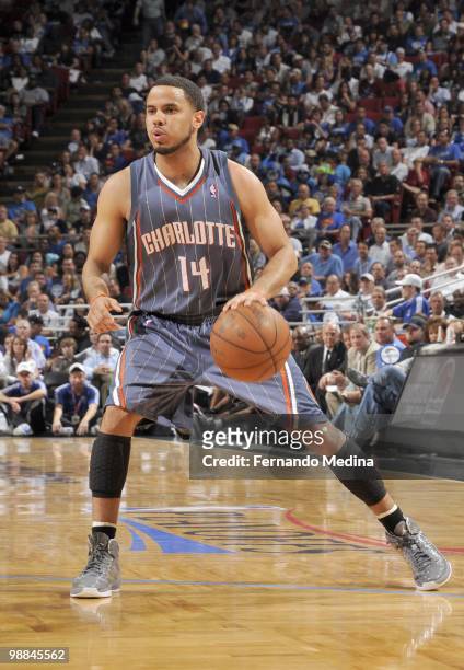 Augustin of the Charlotte Bobcats dribbles the ball against the Orlando Magic in Game Two of the Eastern Conference Quarterfinals during the 2010 NBA...