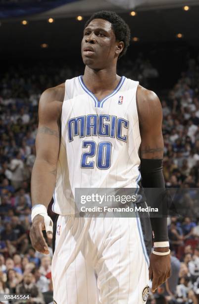 Mickael Pietrus of the Orlando Magic walks on the court against Charlotte Bobcats in Game Two of the Eastern Conference Quarterfinals during the 2010...
