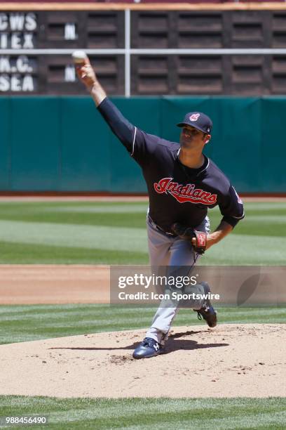 Cleveland RHP Adam Plutko starts for the Indians in the MLB game on June 30, 2018 between the Indians and A's at Oakland-Alameda County Stadium in...