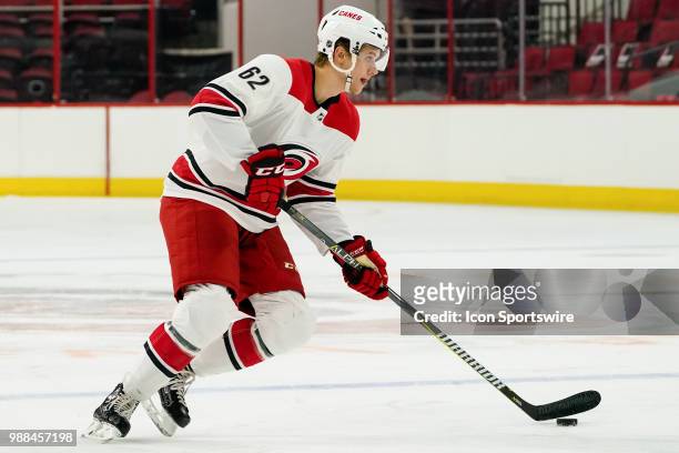 Carolina Hurricanes Brendan De Jong skates wit the puck during the Canes Prospect Game at the PNC Arena in Raleigh, NC on June 30, 2018.