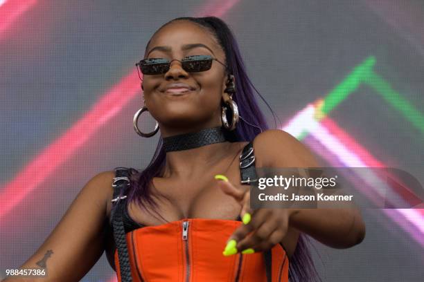 Justine Skye perfroms on stage at the Sprint IWXIV BBQ Beach Bash and Concert during Irie Weekend 2018 at the Fontainebleau Miami Beach on June 30,...