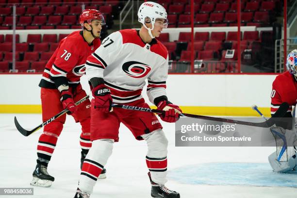 Carolina Hurricanes Andrei Svechnikov chases after a puck during the Canes Prospect Game at the PNC Arena in Raleigh, NC on June 30, 2018.