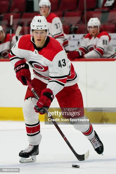 Carolina Hurricanes Eetu Luostarinen skates with the puck during the Canes Prospect Game at the PNC Arena in Raleigh, NC on June 30, 2018.