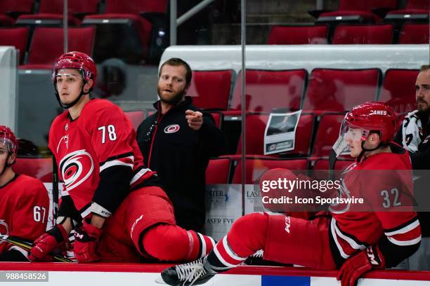 Carolina Hurricanes first year coach Tim Gleason directs Carolina Hurricanes Adam Fox during the Canes Prospect Game at the PNC Arena in Raleigh, NC...