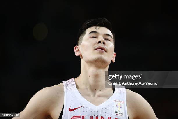 Abudushalamu Abudurexiti of China reacts during the FIBA World Cup Qualifying match between the New Zealand Tall Blacks and China at Spark Arena on...