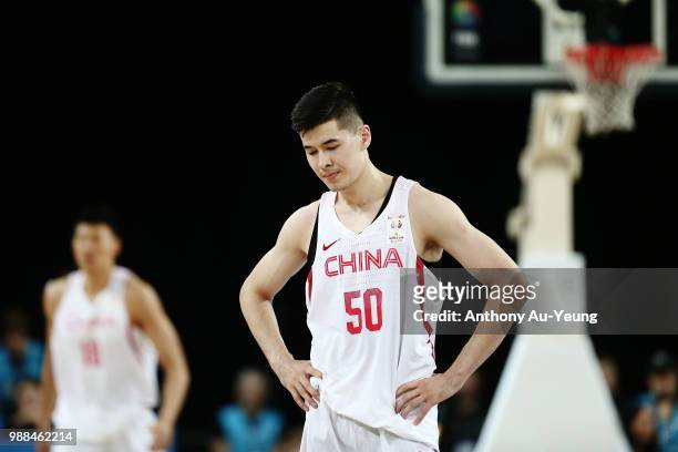 Abudushalamu Abudurexiti of China reacts during the FIBA World Cup Qualifying match between the New Zealand Tall Blacks and China at Spark Arena on...