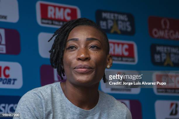 Marie-Josée Ta Lou speaks during the press conference of Meeting de Paris of the IAAF Diamond League 2017 at the Paris Marriot Rive Gauche Hotel on...