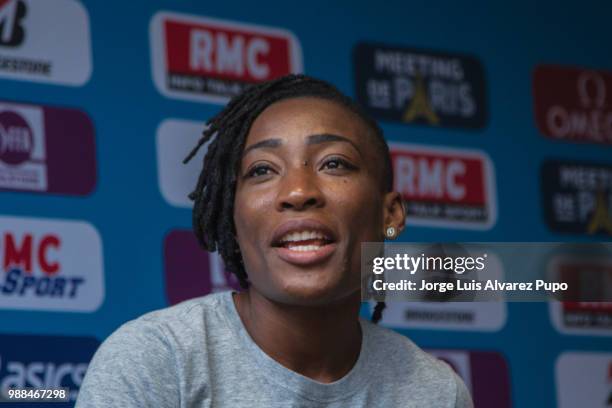 Marie-Josée Ta Lou speaks during the press conference of Meeting de Paris of the IAAF Diamond League 2017 at the Paris Marriot Rive Gauche Hotel on...