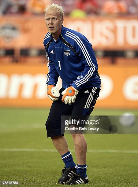 Goalkeeper Jimmy Nielsen of the Kansas City Wizards warms up before a game against the Houston Dynamo at Robertson Stadium on May 1, 2010 in Houston,...