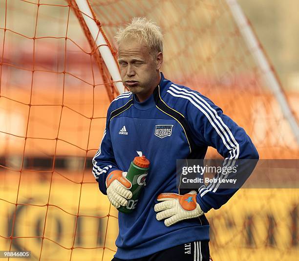 Goalkeeper Jimmy Nielsen of the Kansas City Wizards warms up before a game against the Houston Dynamo at Robertson Stadium on May 1, 2010 in Houston,...