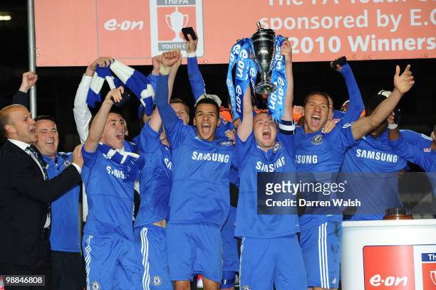 Chelsea celebrate after winning the FA Youth Cup Final 2nd leg match between Chelsea Youth and Aston Villa Youth at Stamford Bridge on May 4, 2010 in...