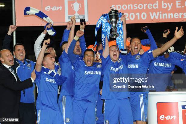 Conor Clifford of Chelsea youth lifts the Youth Cup after the FA Youth Cup Final 2nd leg match between Chelsea Youth and Aston Villa Youth at...