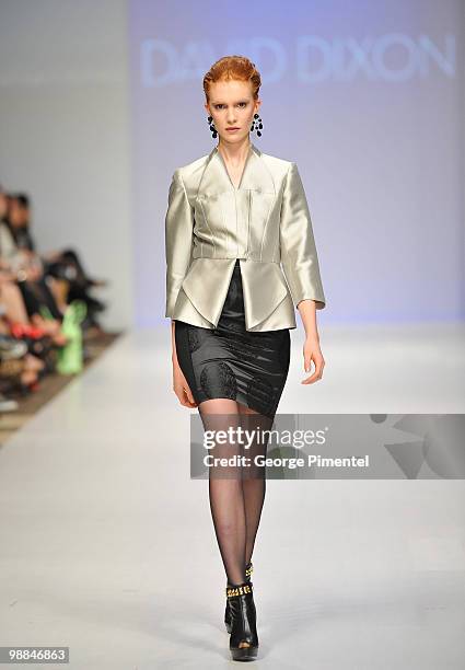 Model walks the runway wearing David Dixon's fall 2010 collection at the Allstream Centre on April 1, 2010 in Toronto, Canada.