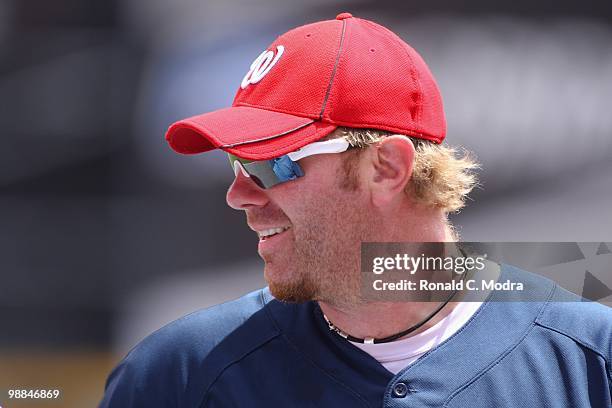 Adam Dunn of the Washington Nationals during batting practice before a MLB game against the Florida Marlins in Sun Life Stadium on May 2, 2010 in...