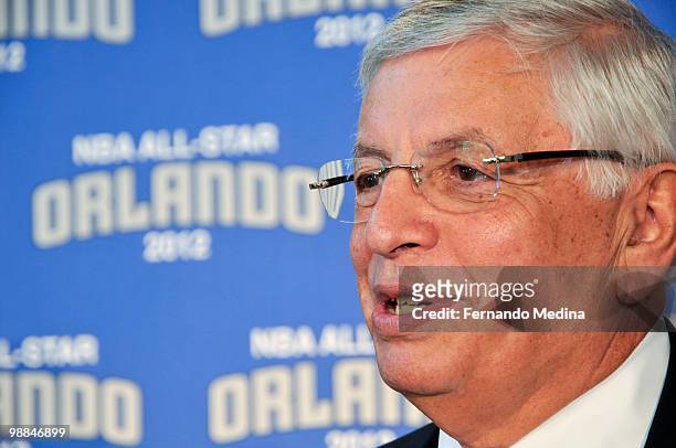 Commissioner David Stern addresses the media after announcing that Orlando will host the 2012 NBA All-Star Game during a press conference at the...