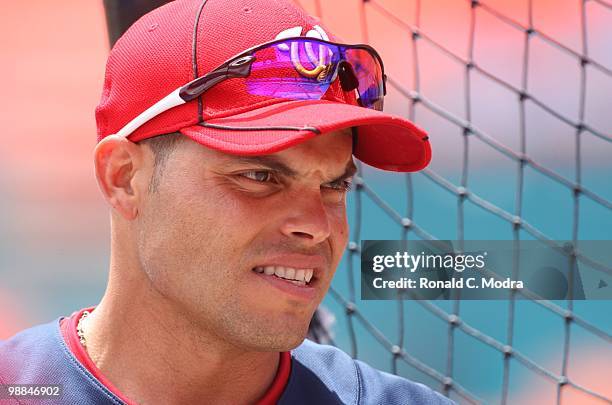 Ivan "Pudge" Rodriguez of the Washington Nationals during batting practice before a MLB game against the Florida Marlins in Sun Life Stadium on May...