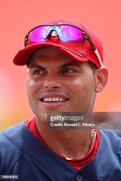 Ivan "Pudge" Rodriguez of the Washington Nationals during batting practice before a MLB game against the Florida Marlins in Sun Life Stadium on May...