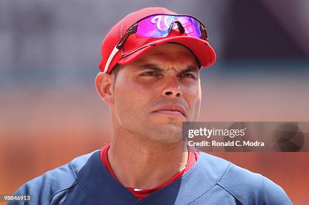 Ivan "Pudge" Rodriguez of the Washington Nationals during batting practice before a MLB game against the Florida Marlins in Sun Life Stadium on May...