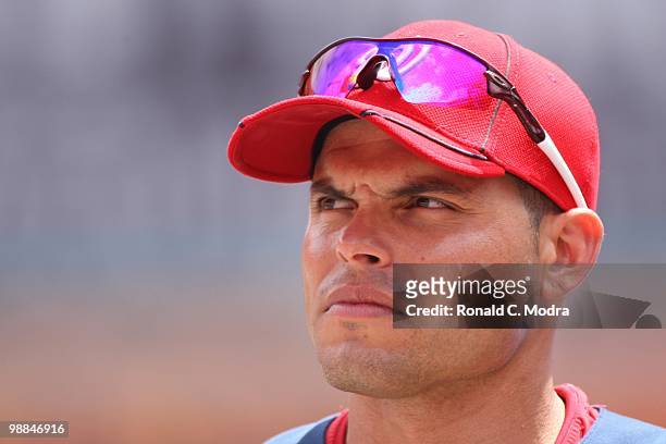 Ivan "Pudge" Rodriguez of the Washington Nationals during batting practice before a MLB game against the Florida Marlins in Sun Life Stadium on May...