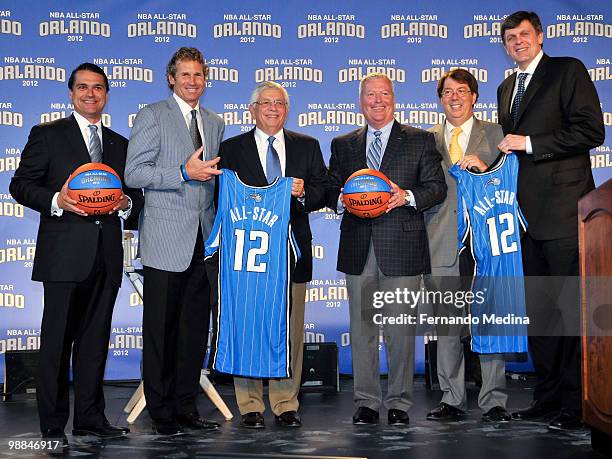 Orlando Magic Chief Operating Officer Alex Martins, Magic President Bob Vander Weide, NBA Commissioner David Stern, Orlando Mayor Buddy Dyer, Orange...