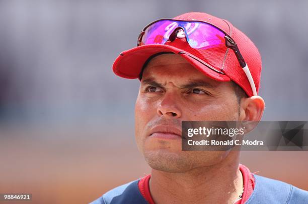 Ivan "Pudge" Rodriguez of the Washington Nationals during batting practice before a MLB game against the Florida Marlins in Sun Life Stadium on May...