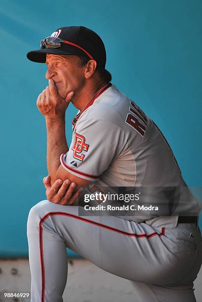 Manager Jim Riggleman of the Washington Nationals in the dugout during a game against the Florida Marlins in Sun Life Stadium on May 2, 2010 in...