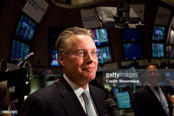 Ed Bastian, president of Delta Air Lines Inc., speaks to reporters on the floor of the New York Stock Exchange prior to the closing bell in New York,...