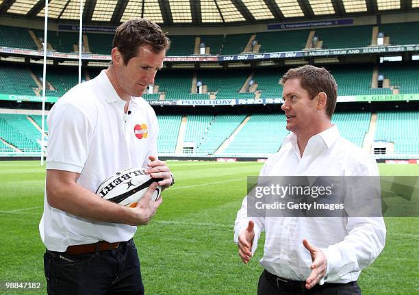 Gareth Bell poses for pictures with Will Greenwood during MasterCard Be Number 23 Shortlist Day on May 4 2010 in Twickenham. The winner will be a non...