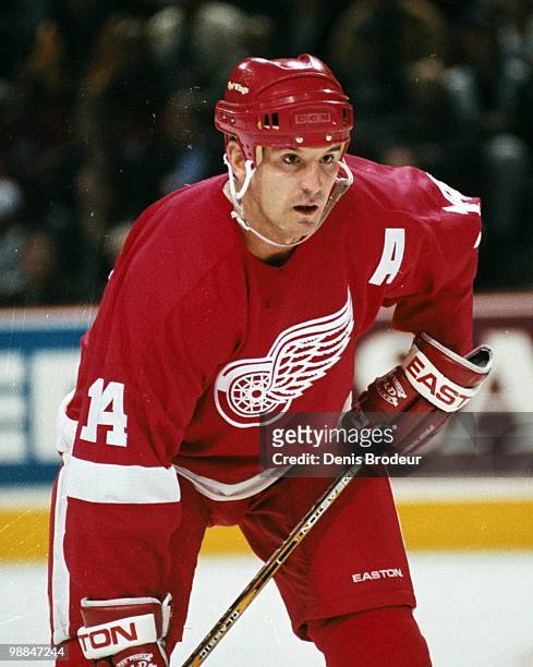 Brendan Shanahan of the Detroit Red Wings skates against the Montreal Canadiens during the 1990's at the Montreal Forum in Montreal, Quebec, Canada.