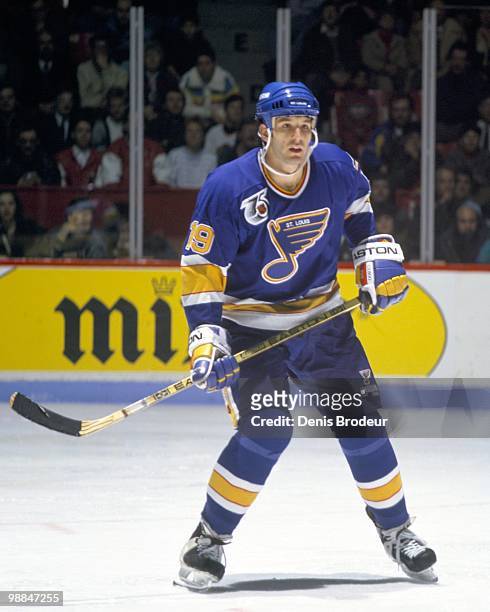 Brendan Shanahan of the St. Louis Blues skates against the Montreal Canadiens during the 1990's at the Montreal Forum in Montreal, Quebec, Canada.